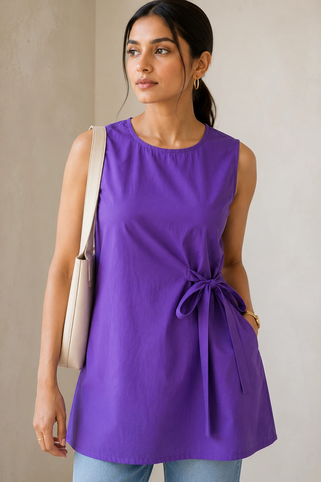Close-up front view of purple sleeveless kurta showing round neckline and attached side-tie bow detail