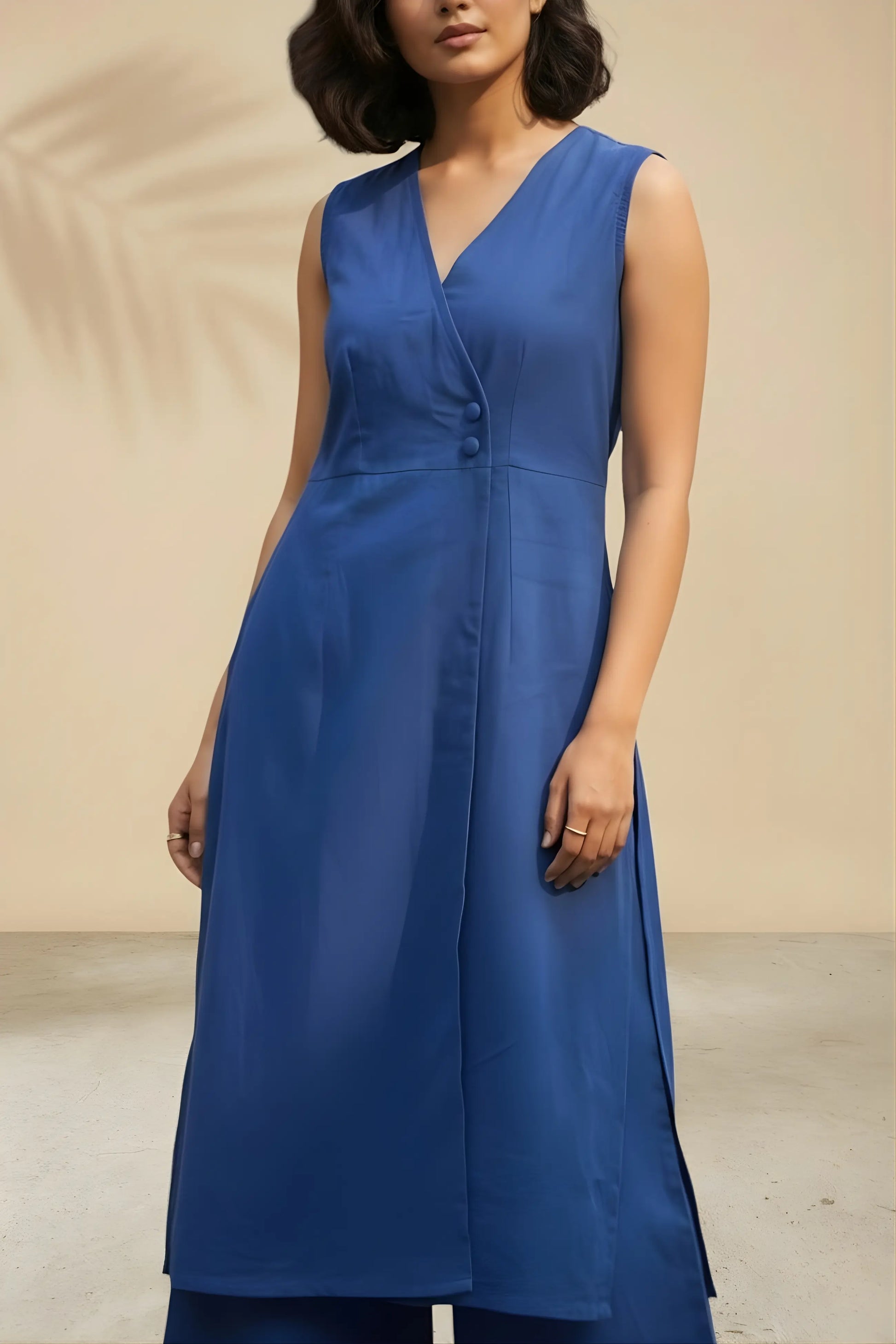 Front view of royal blue overlap tunic showing structured tailored fit