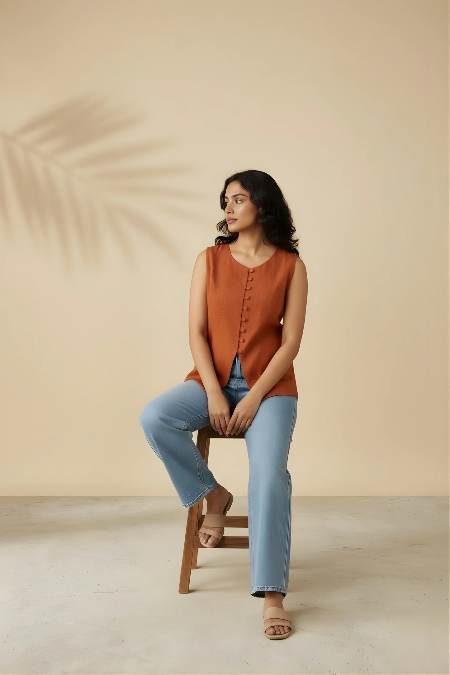 Model sitting on a chair wearing rust orange sleeveless office top