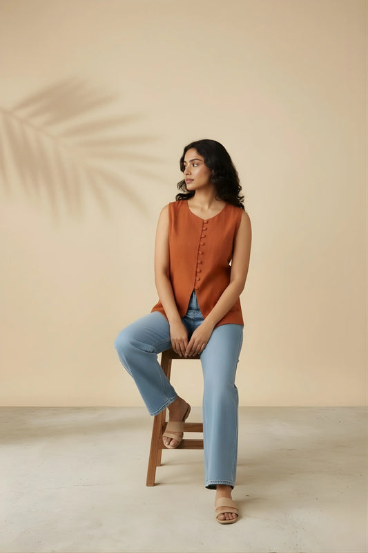 Model sitting on a chair wearing rust orange sleeveless office top
