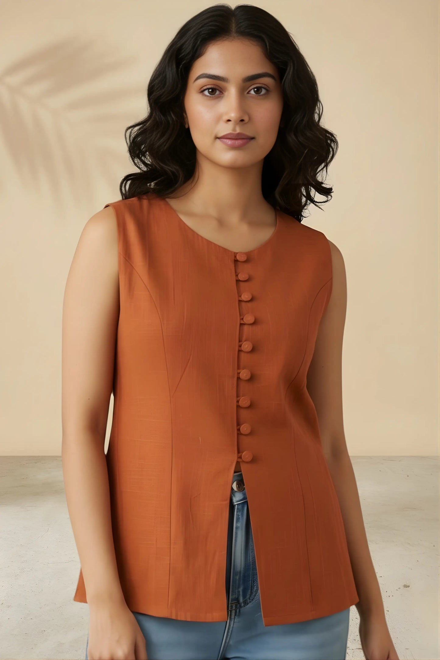 Rust orange button down vest kurti sleeveless office wear upper body view