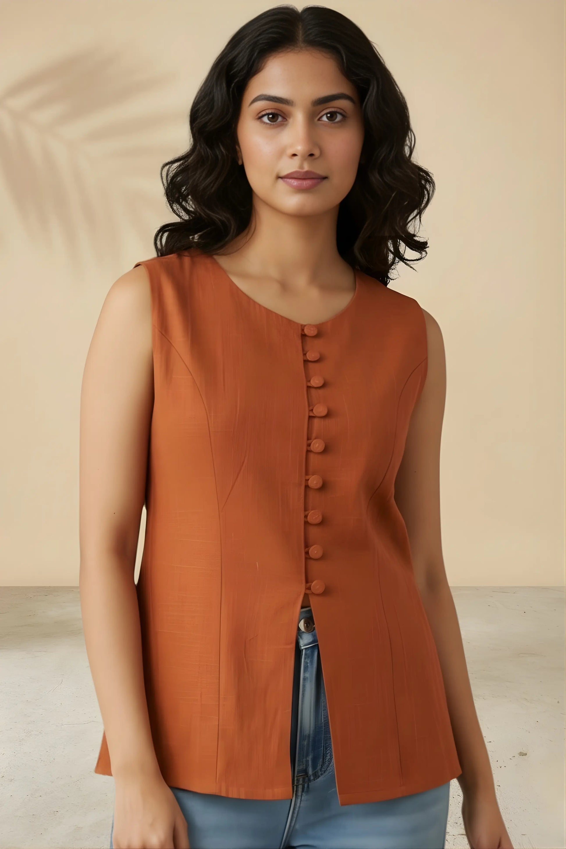 Rust orange button down vest kurti sleeveless office wear upper body view