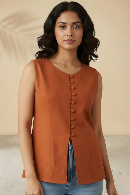 Rust orange button down vest kurti sleeveless office wear upper body view