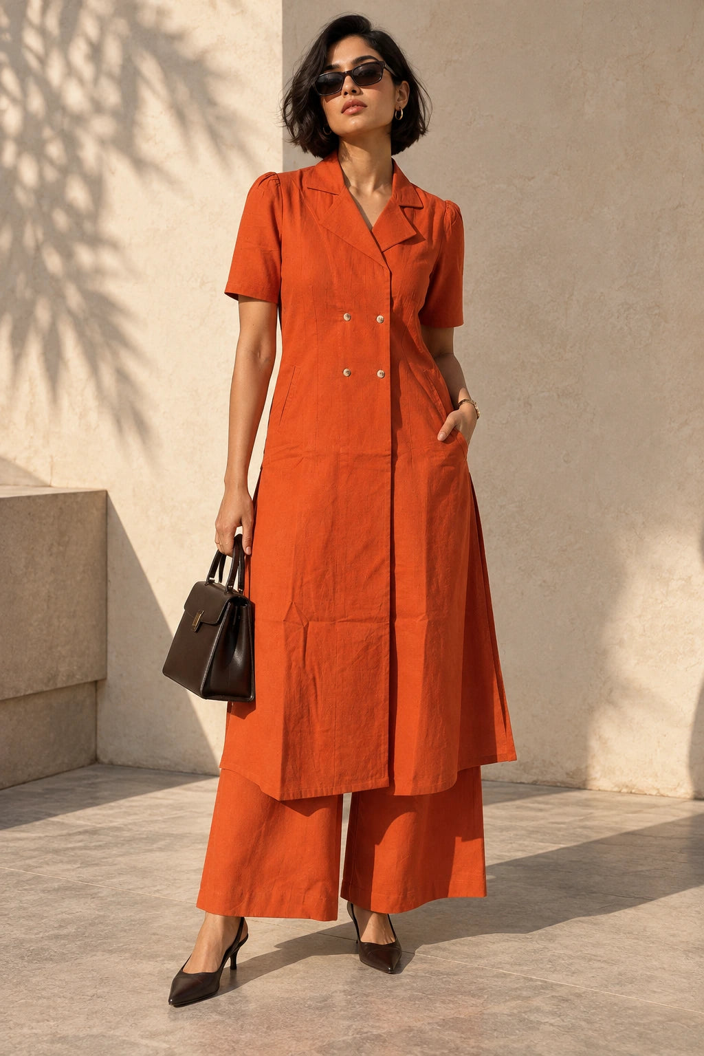 Rust Double-Breasted Coat-Style Kurta Set