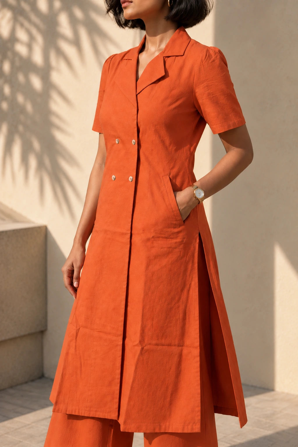 Rust Double-Breasted Coat-Style Kurta Set
