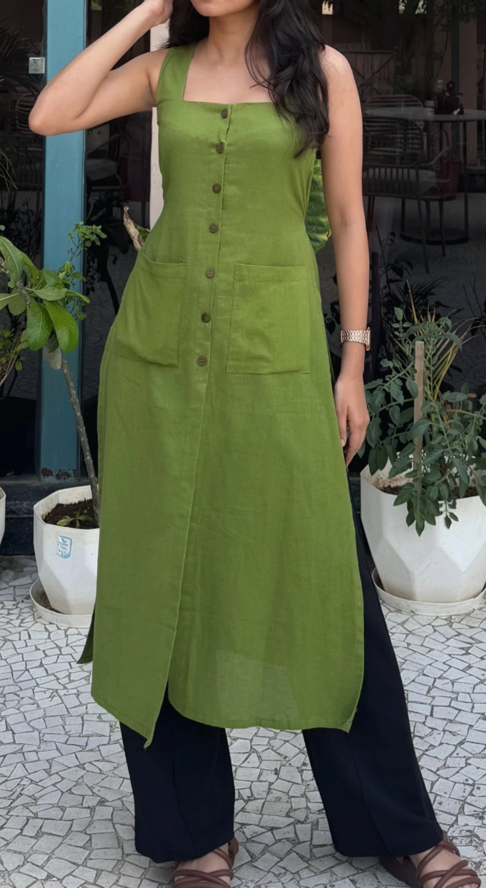 Green Square Neck Straight Kurta