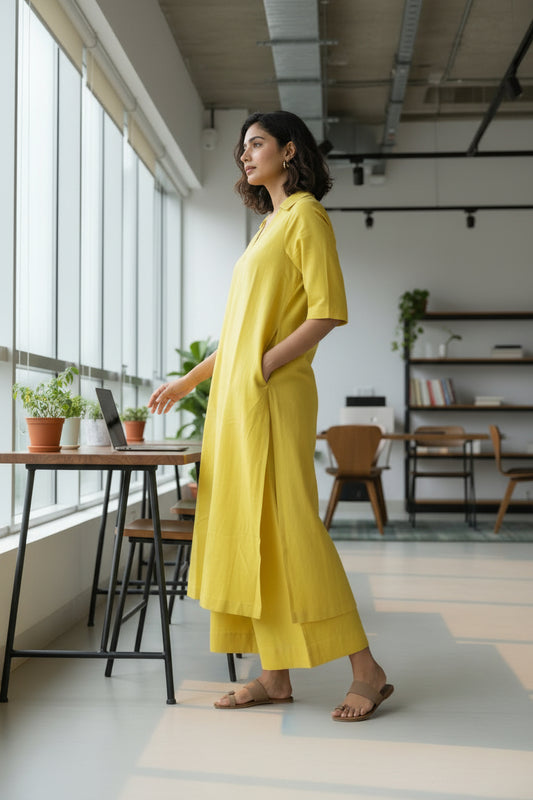 Side profile of yellow office co-ord set showing straight silhouette