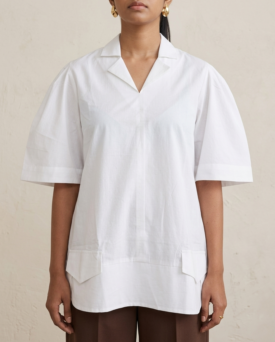 Close-up of white short kurta showing open collar, V-neck opening, wide-hem elbow sleeves and front flap pocket detail