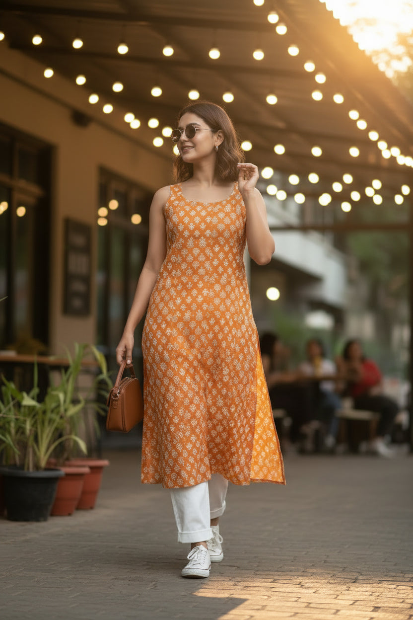 Front standing view of amber sleeveless tunic showing straight fit