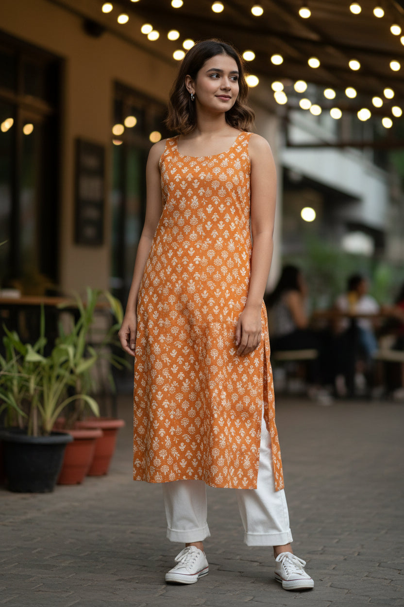 Full length view of amber orange floral sleeveless short kurti styled with white denim