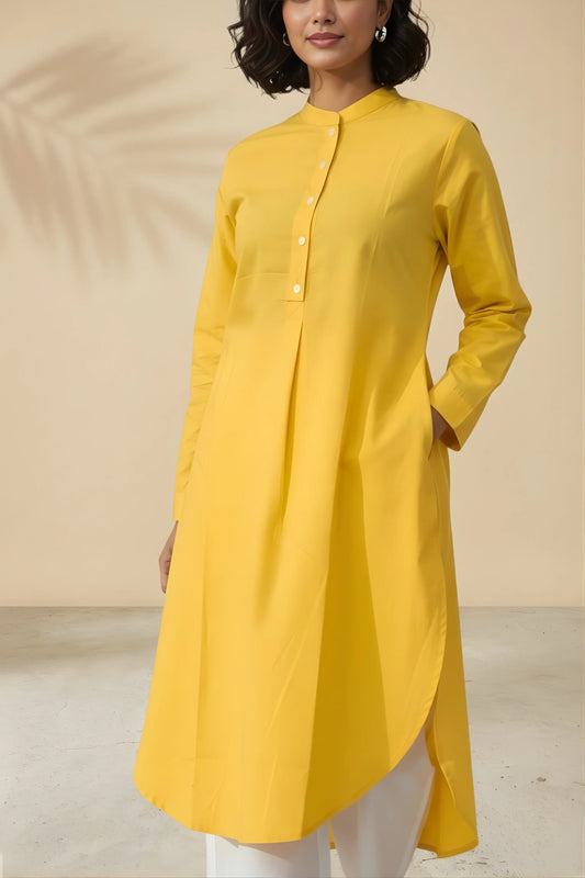 Mango yellow solid mandarin collar kurta for office wear front view