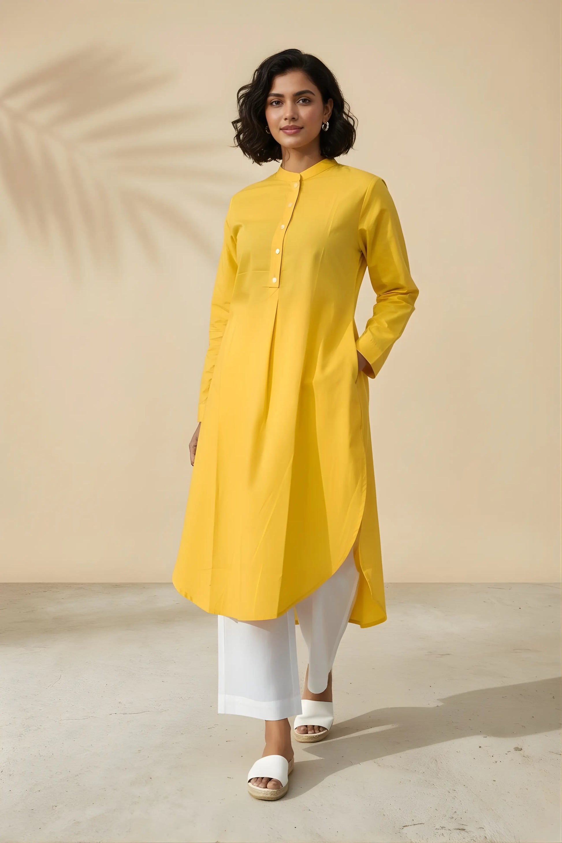 Full length view of mango yellow office kurta styled with white plazzo