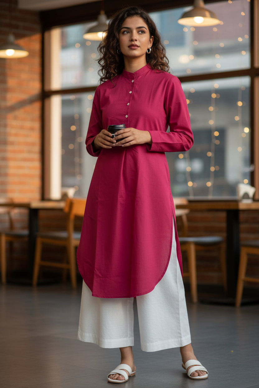 Full length view of Rani pink solid mandarin collar kurta styled with white palazzos