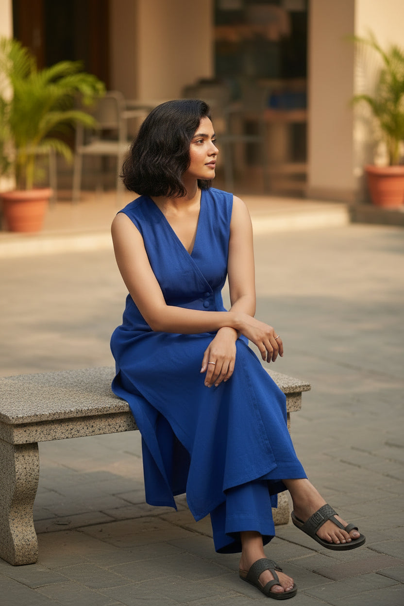 Model sitting on chair wearing royal blue formal co-ord set