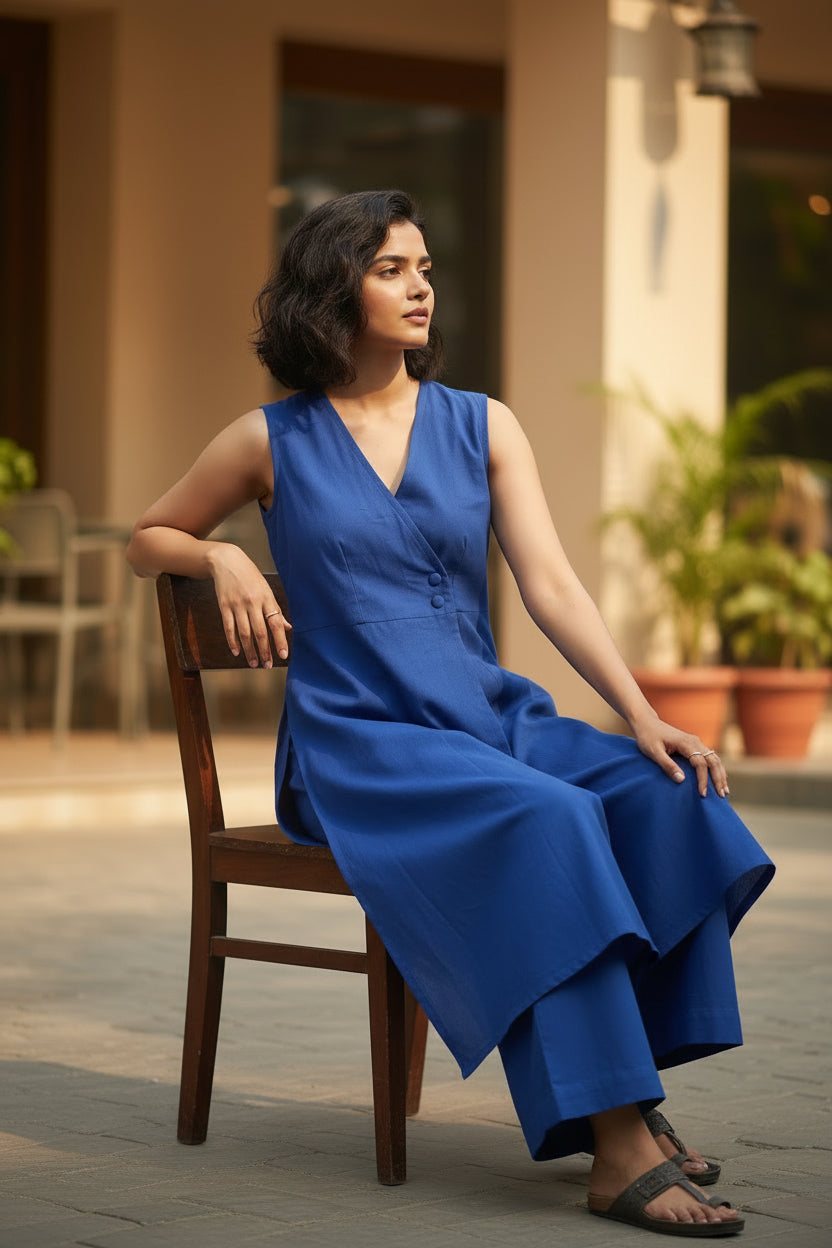 Lifestyle shot of woman sitting wearing comfortable blue workwear suit