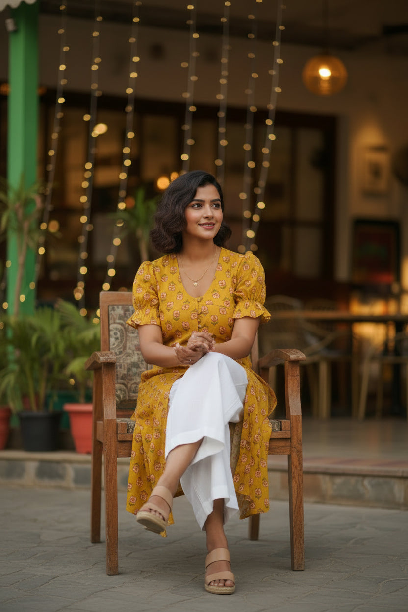 Model sitting on chair front view wearing yellow floral cotton kurti