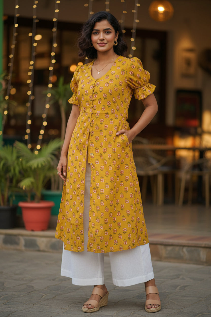 Full length view of yellow floral puff sleeve kurta styled with pants