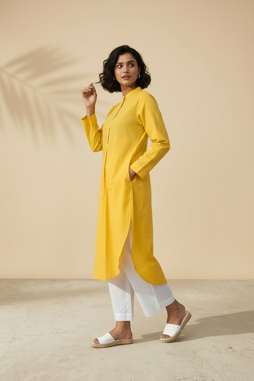 Side profile of mango yellow daily wear kurta showing fit