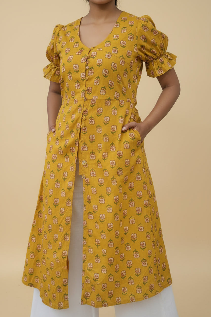 Upper body view of yellow floral short kurti showing neckline and puff sleeves