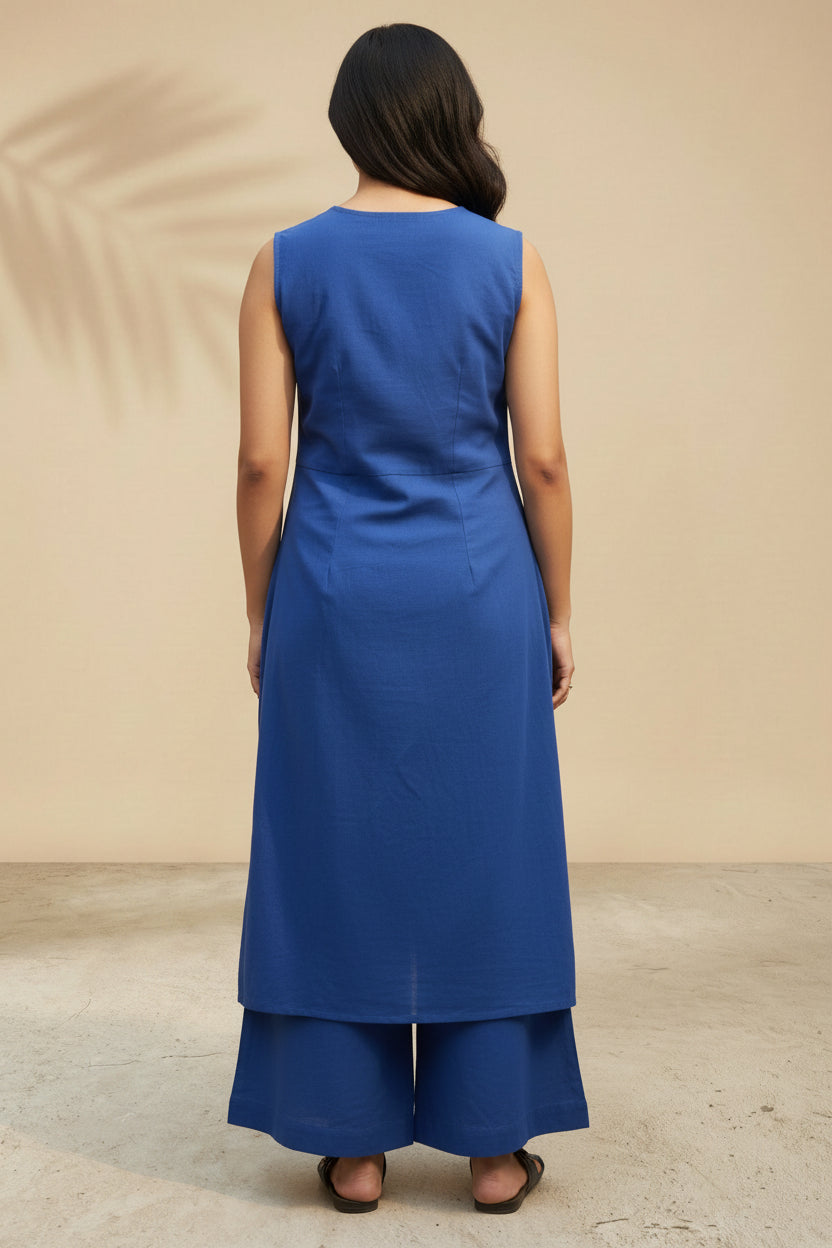 Back view of complete blue office set showing professional silhouette