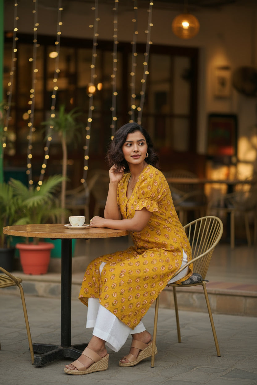 Side profile of model sitting wearing yellow casual summer kurta